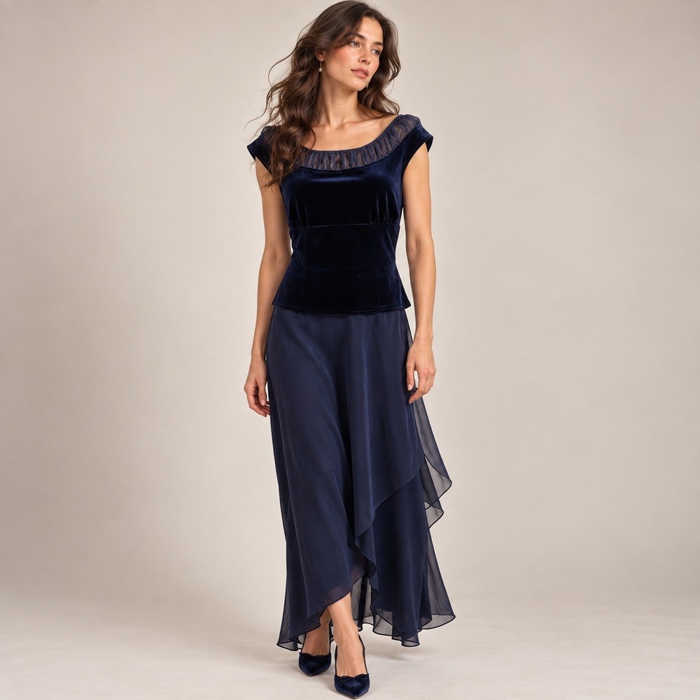 Cachet Skirt Set Women 10/L Navy Blue NWT Velvet Chiffon Formal Evening Romantic